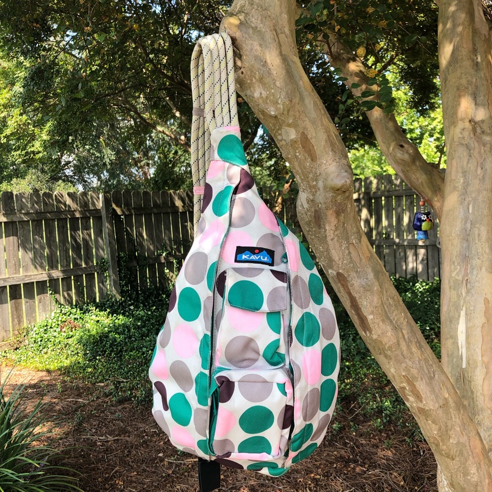 Kavu Pink Green Gray Polka Dot Rope Sling Backpack